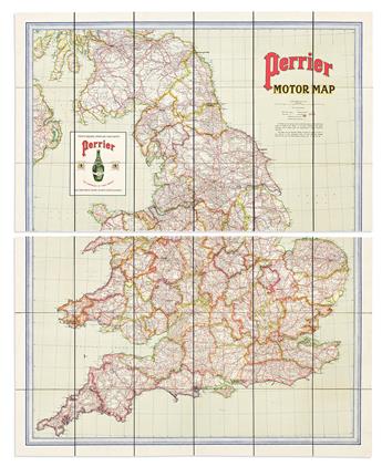 (BRITAIN and IRELAND.) Perrier; and George Philip & Son. Group of 3 large color-printed advertisement Motor Maps.